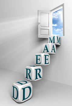 dream conceptual door with sky and box blue word  ladder in white room metaphor 