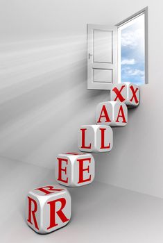 relax conceptual door with sky and box red word  ladder in white room metaphor 