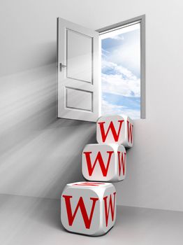 www conceptual door with sky and box red word  ladder in white room metaphor 