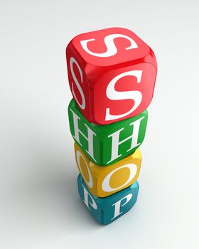shop 3d colorful buzzword dice tower on white background