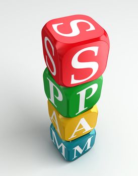 spam 3d colorful buzzword dice tower on white background