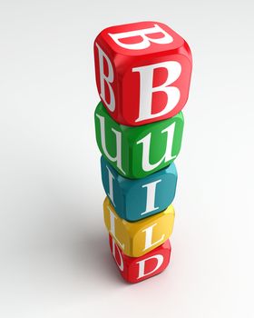 build 3d colorful buzzword dice tower on white background