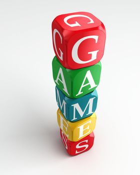 games 3d colorful buzzword dice tower on white background