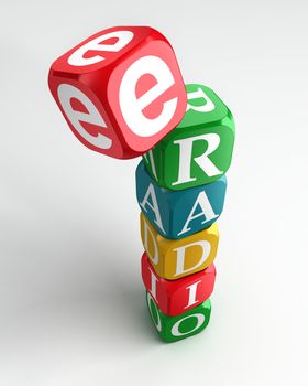 e radio sign 3d colorful box tower on white background