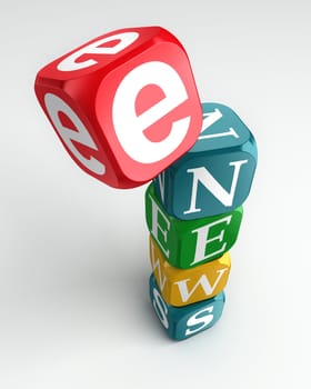 e news sign 3d colorful box tower on white background