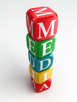 media sign 3d colorful box tower on white background