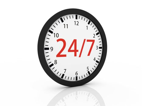 one clock with the numbers 24 and 7 on center, concept of full availability (3d render)