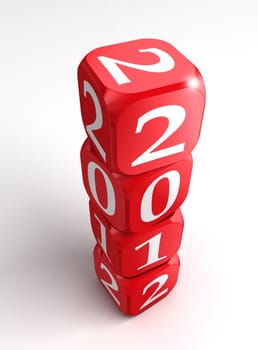 new year 2012 3d red and white dice tower on white background