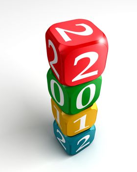 new year 2012 3d colourful dice tower on white background