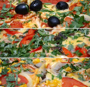 Collage of pizza food related pictures made from three images