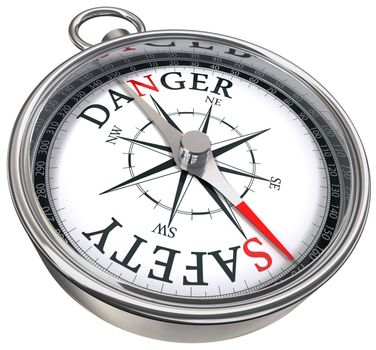 danger vs safety opposite ways conceptual image with compass isolated on white background