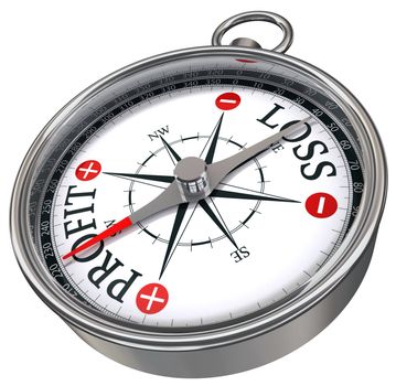 profit versus loss words on compass business conceptual image with red plus and minus isolated on white background