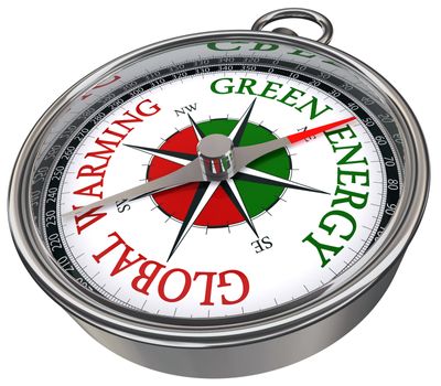 green energy vs global warming concept compass with red and green letters isolated on white background