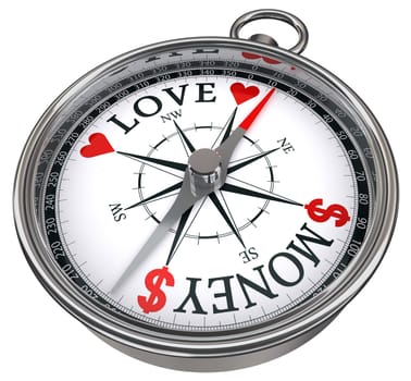 love versus money concept compass with dollar and heart isolated on white background