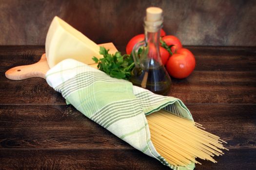 Ingredients for cooking italian pasta. Picture is taken with tilt lens