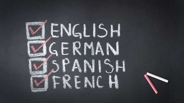 Chalk drawing of English, German, Spanish, French check list.