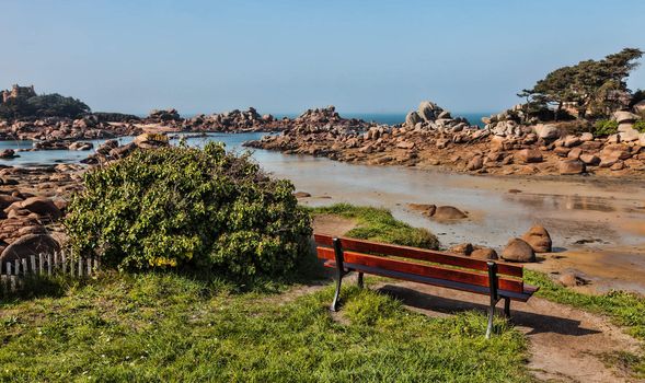 Rocky landscape in Brittany on the Pink Granite Coast,in north-west of France.