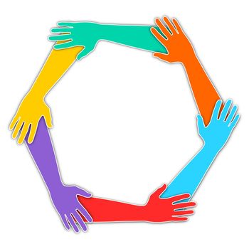 Illustration of six hands joined together