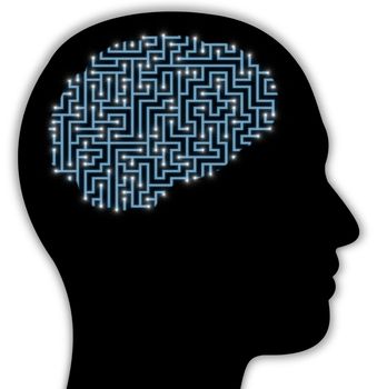 Illustrated side view of a persons head with a brain made of a maze with glowing neurons