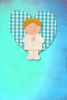 First Holy Communion Invitation Card, cute blonde boy on blue background