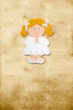 vertical card first communion, funny blond girl in parchment background