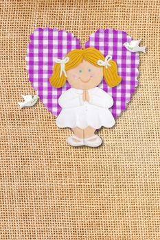 First Holy Communion Invitation Card, rustic style, funny blond girl in burlap background