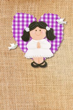 First Holy Communion Invitation Card, rustic style, funny brunette girl in burlap background
