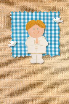 First Holy Communion Invitation Card, rustic style, funny blonde boy in burlap background