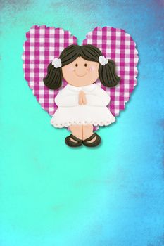 First Holy Communion Invitation Card, cute brunette girl on blue background