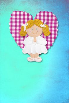 First Holy Communion Invitation Card, cute blond girl on blue background