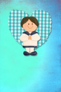 First Holy Communion Invitation Card, cute brunette boy on blue background