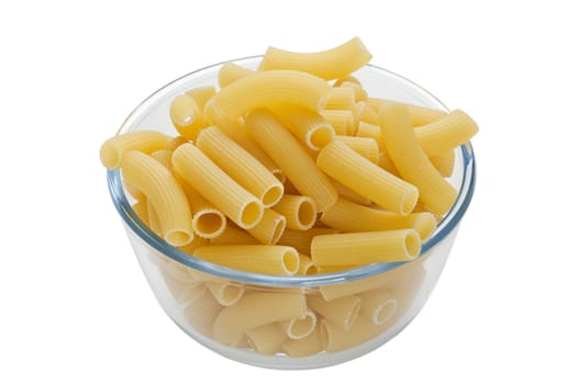 Rigatoni pasta in bowl on white background