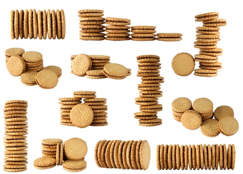 round biscuits arranged in different shape on white background