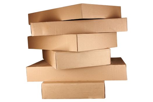 Brown cardboard boxes arranged in stack on white background