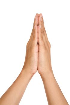 Woman praying hands isolated on white background 