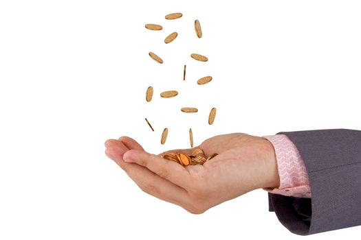 man hands and falling coins isolated on white background 