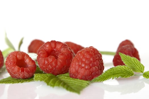 Ripe raspberry with green leaf on white background