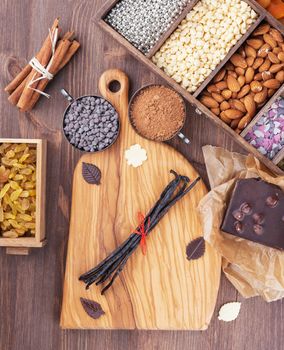 Kitchen board with prepared ingredients for baking