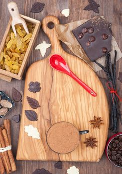 Kitchen board with prepared ingredients for baking