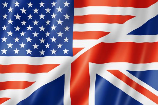 USA and UK flag, three dimensional render, satin texture. speaking english symbol