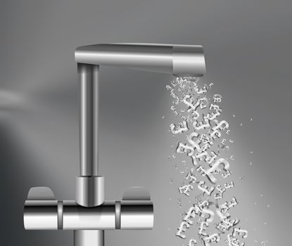 Illustration depicting a chrome water tap with metallic UK Pound Signs flowing from the spout against a grey background.