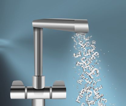 Illustration depicting a chrome water tap with metallic UK Pound Signs flowing from the spout against a blue background.