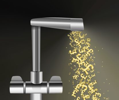 Illustration depicting a chrome water tap with metallic gold UK Pound Signs flowing from the spout against a dark background.