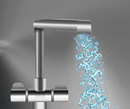 Illustration depicting a chrome water tap with metallic blue UK Pound Signs flowing from the spout against a grey background.