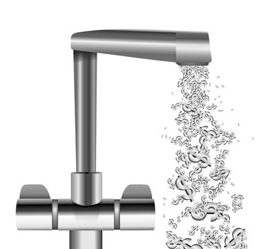 Illustration depicting a chrome water tap with metallic US Dollar Signs flowing from the spout against a white background.
