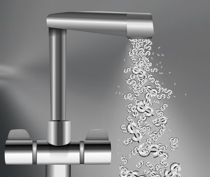 Illustration depicting a chrome water tap with metallic US Dollar Signs flowing from the spout against a grey background.