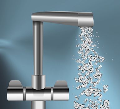 Illustration depicting a chrome water tap with metallic US Dollar Signs flowing from the spout against a blue background.