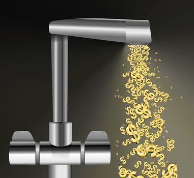Illustration depicting a chrome water tap with metallic gold US Dollar Signs flowing from the spout against a dark background.