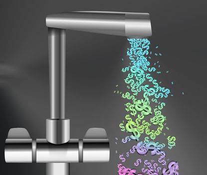 Illustration depicting a chrome water tap with metallic US Dollar Signs flowing from the spout against a grey background.