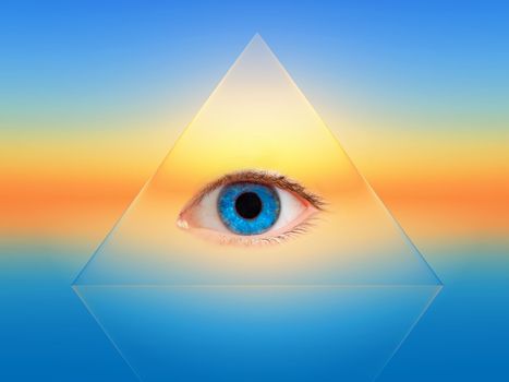a blue eye in a transparent pyramid